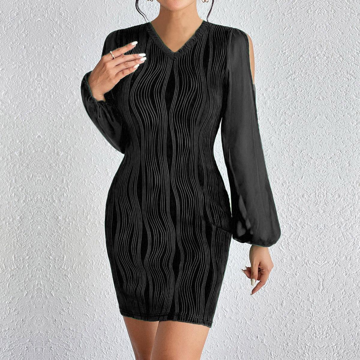 Slimming V-neck Dress Women Fashion Long Sleeve Solid Color Short Dress - Viexta