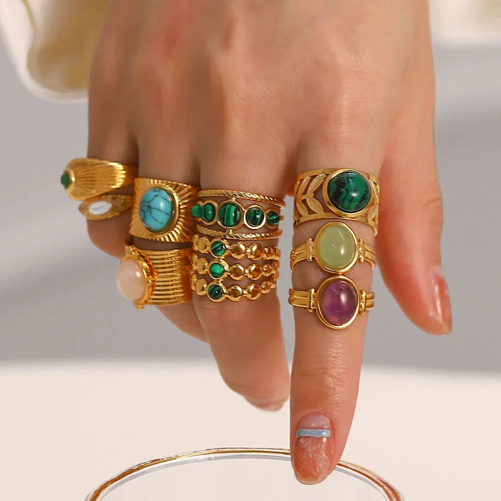 natural-gemstone-titanium-steel-open-end-ring - Viexta