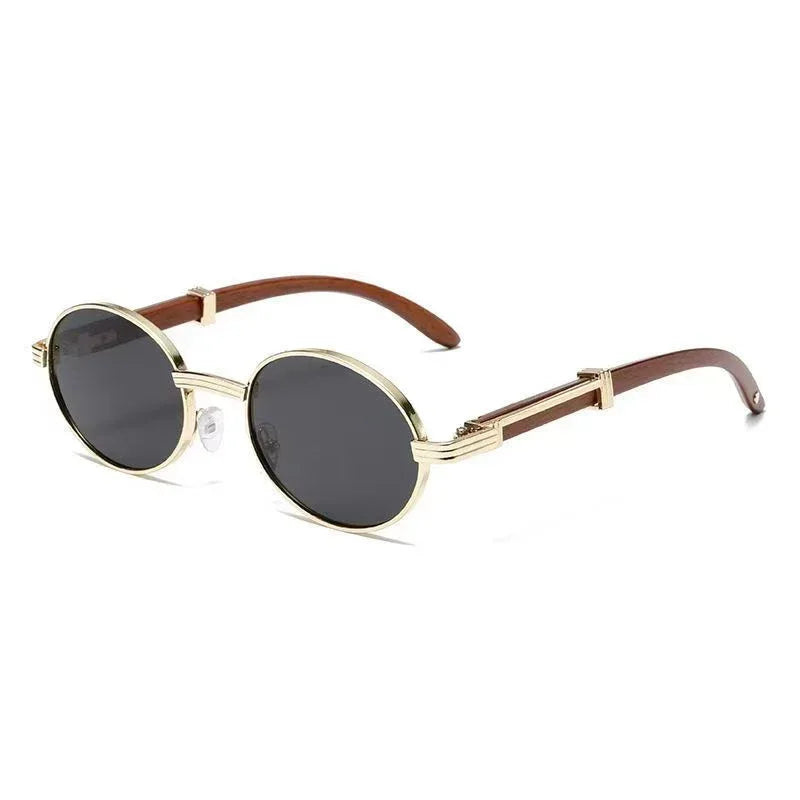 Metal Oval-frame Sunglasses With A Wood-grain Finish - Viexta
