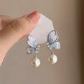 Butterfly Pearl Earrings With Rhinestones - Viexta