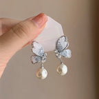 Butterfly Pearl Earrings With Rhinestones - Viexta