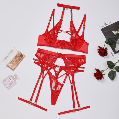 Love Drill Buckle Cutout Embroidered Lingerie Suit