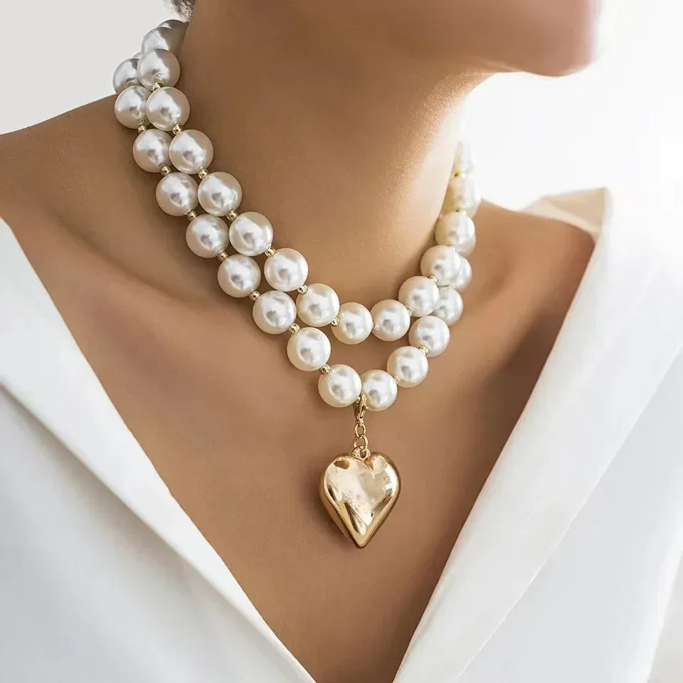 Layered Pearl Neckwear Heart Chain - Viexta