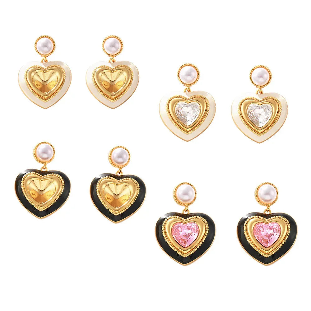 Heart-shaped Glass Stone Ear Studs - Viexta