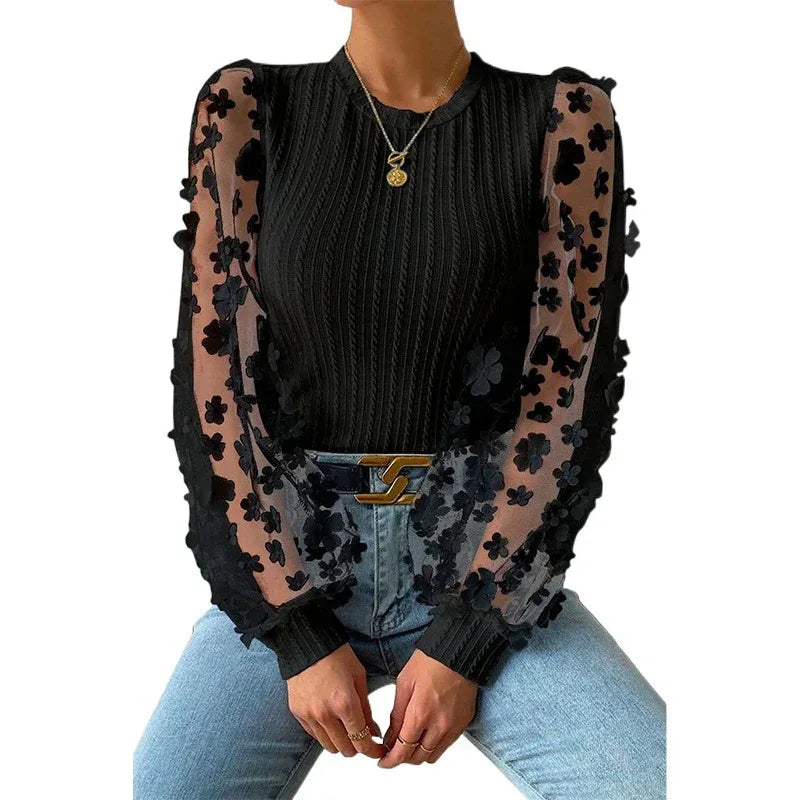 Women's Mesh Small Flower Chiffon Top - Viexta
