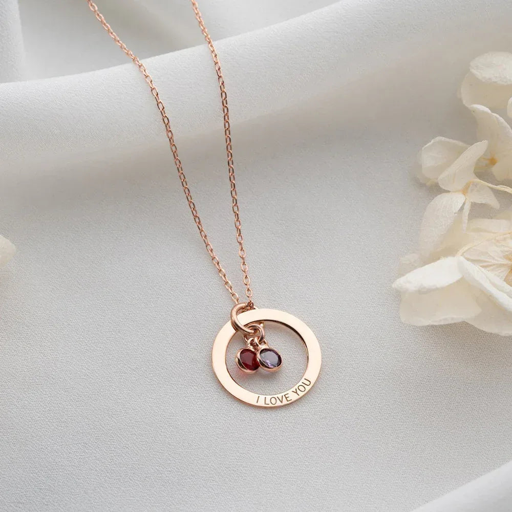 Personalized Engraved Birthstone Circle Necklace - Viexta