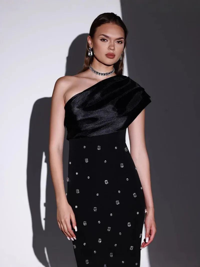 Off-shoulder Diamond Black Evening Dress - Viexta