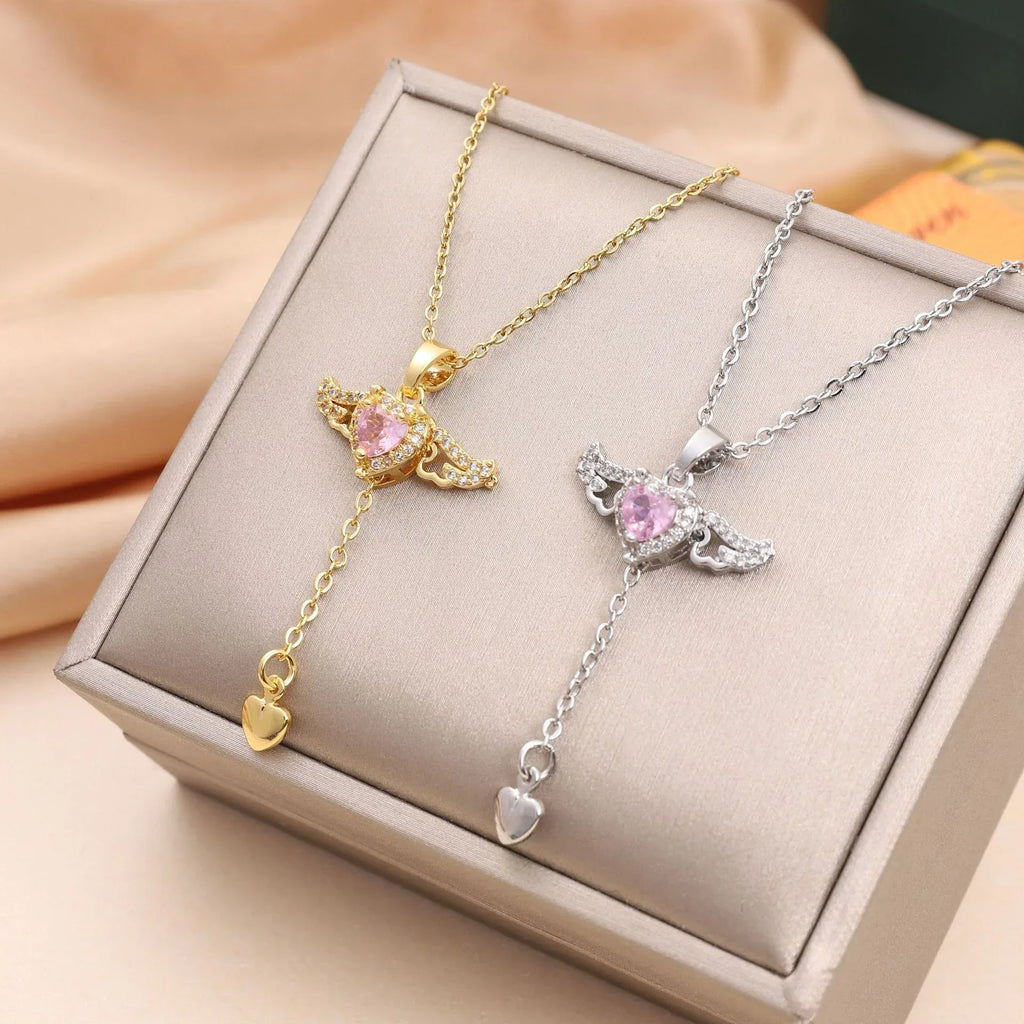moving-cupid-heart-angel-wings-tassel-necklace - Viexta