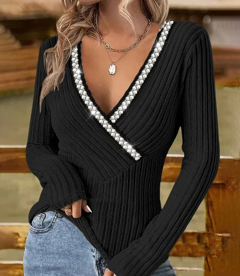 Bubble Beads V-neck Cross Sunken Stripe Top - Viexta