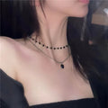 Double Layer Twin Black Rhimestone Necklace - Viexta