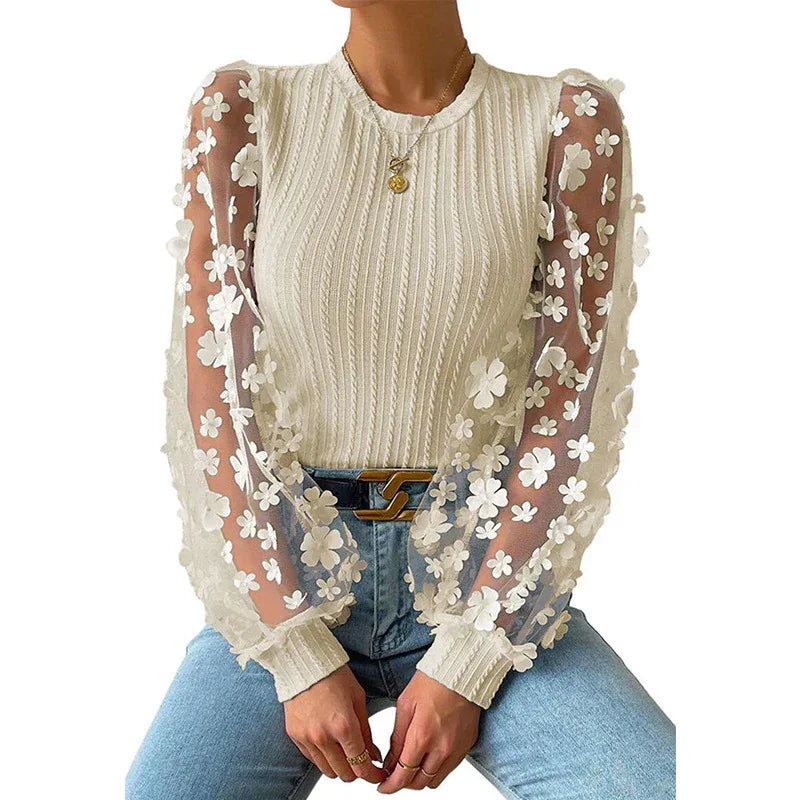 Women's Mesh Small Flower Chiffon Top - Viexta