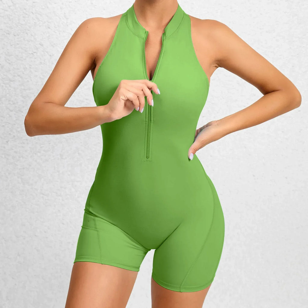 Zippered Yoga Fitness Shorts Jumpsuit Shapewear - Viexta