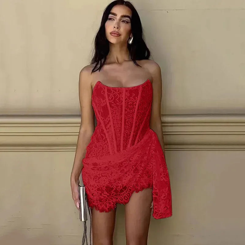 Strapless Lace Dress With Back Lace-up Design - Viexta