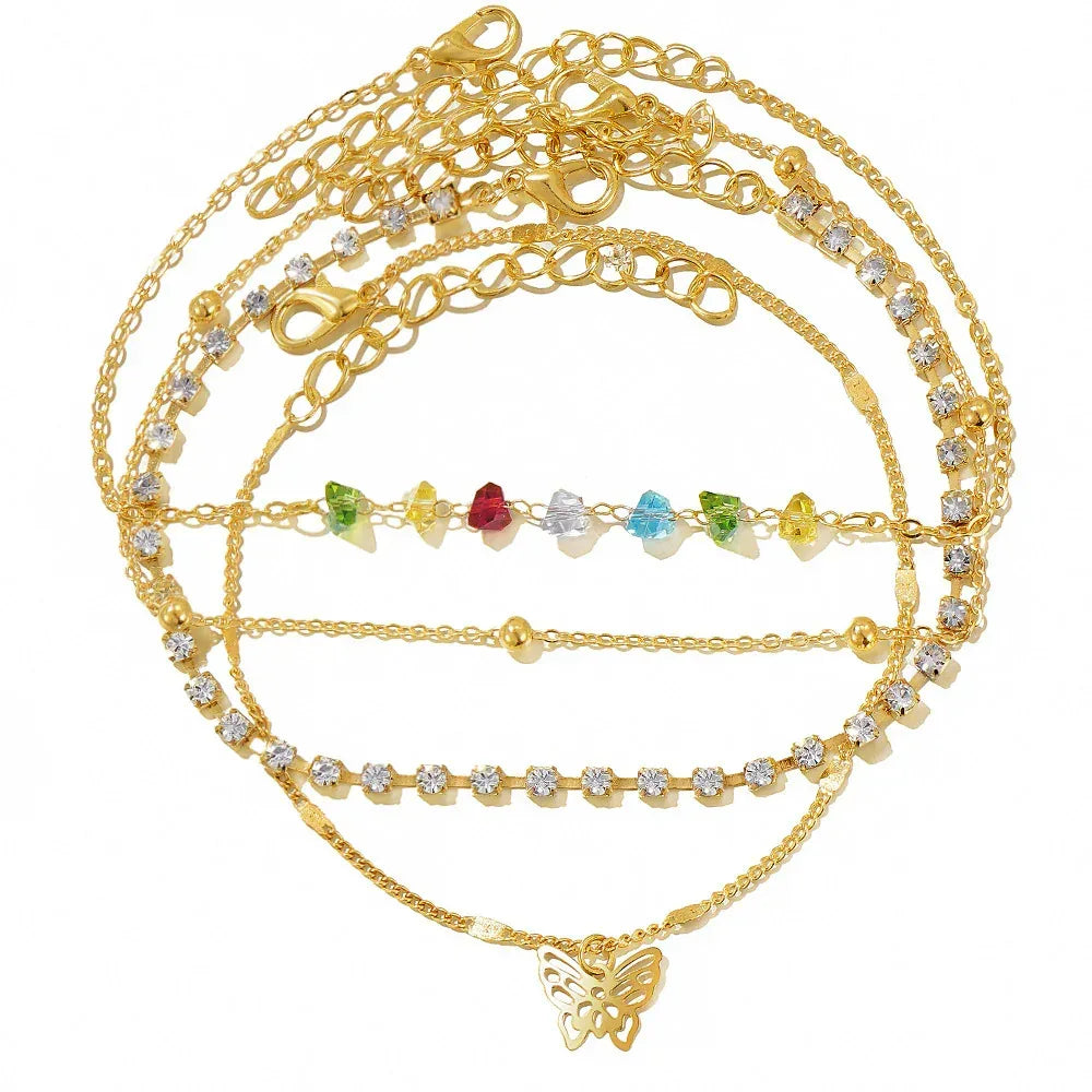 retro-love-butterfly-pearl-multi-layer-anklet-set - Viexta