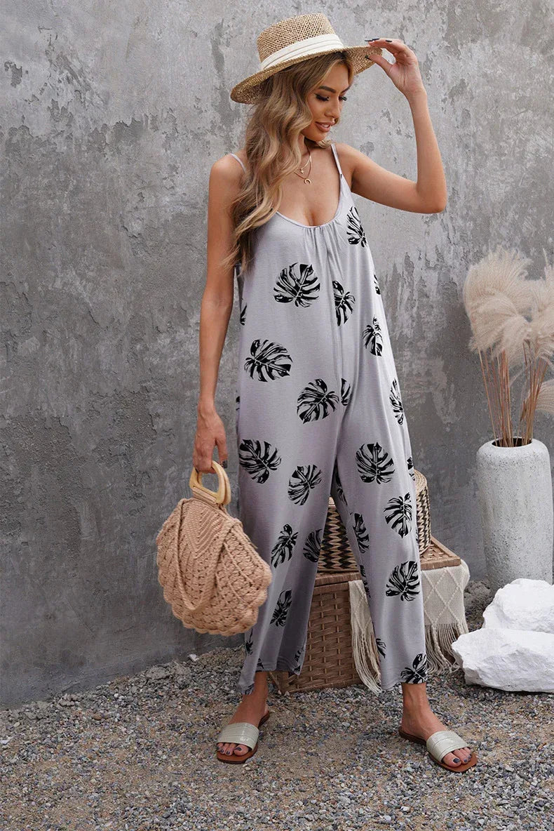 Flowers Print Suspender Jumpsuit - Viexta