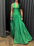 Emerald Green Plunging Neckline Gown With Pleated Skirt And Side Slit - Viexta