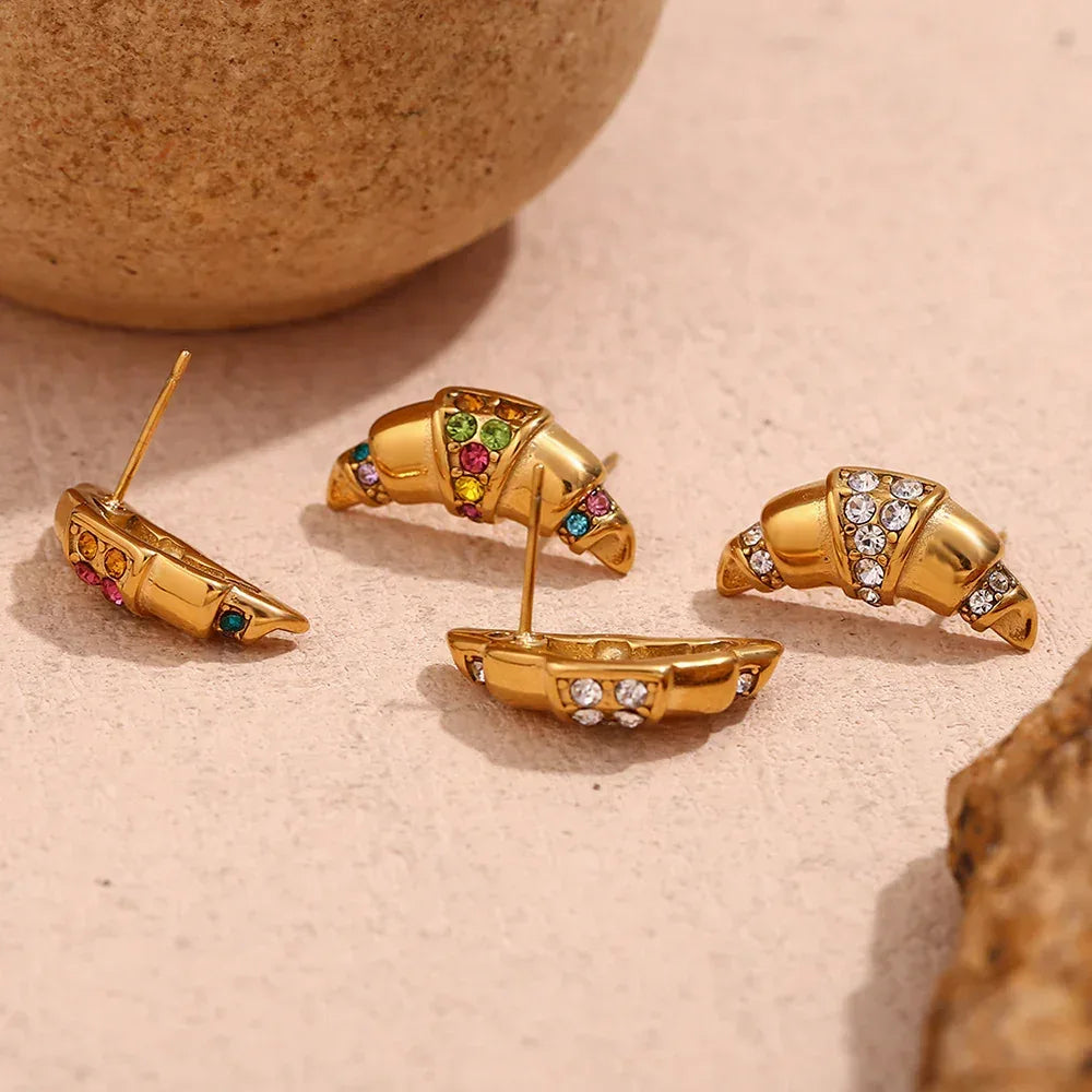 Stainless Steel Horn Shaped Rhinestone Studs - Viexta