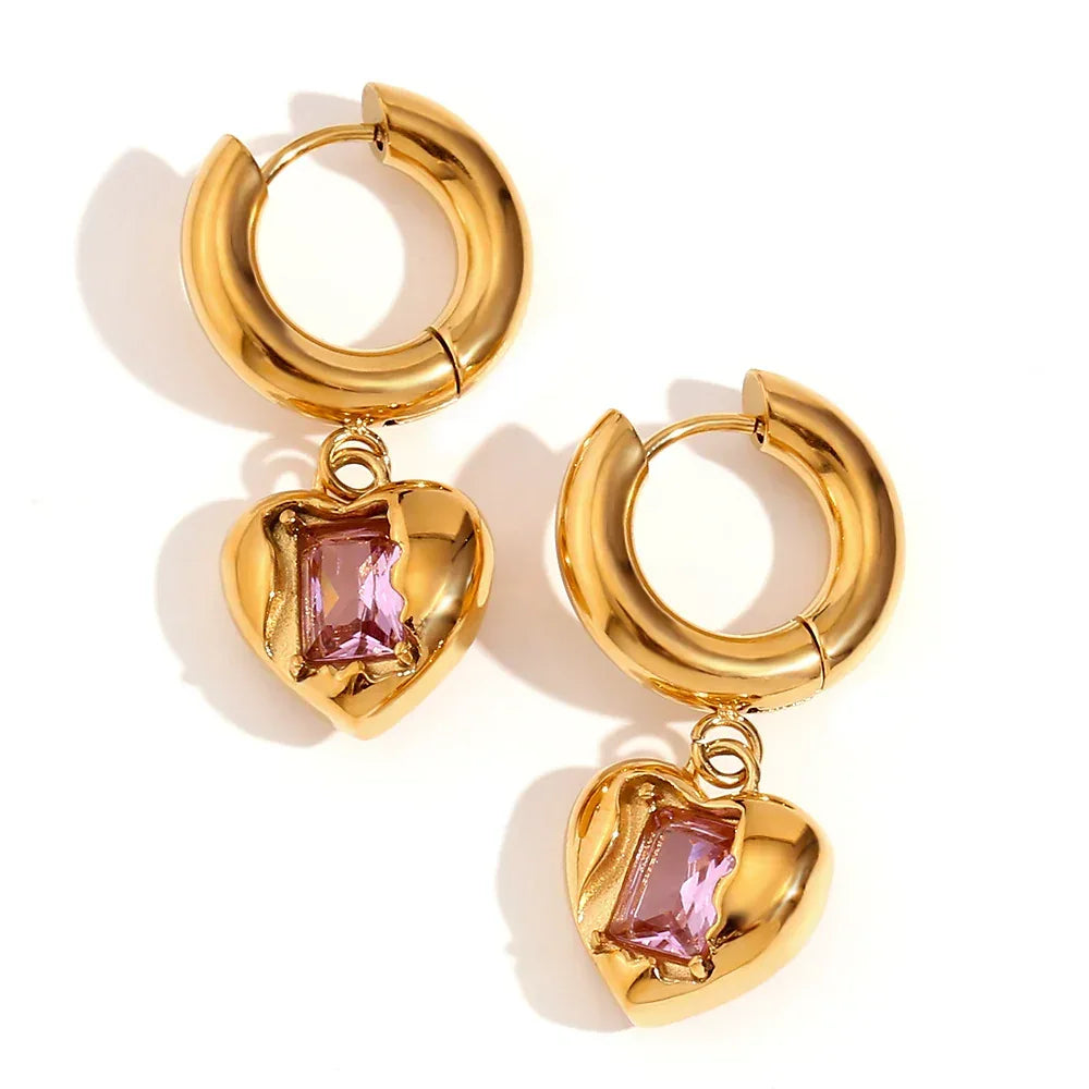 Stainless Steel Peach Heart Zircon Earrings - Viexta