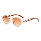 Metal Oval-frame Sunglasses With A Wood-grain Finish - Viexta