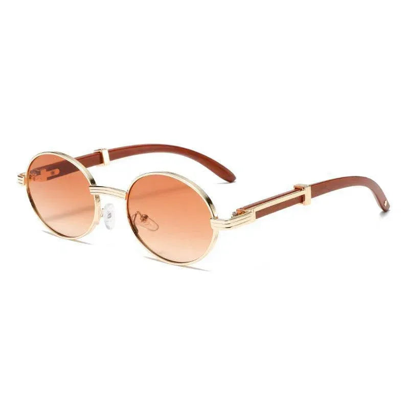 Metal Oval-frame Sunglasses With A Wood-grain Finish - Viexta