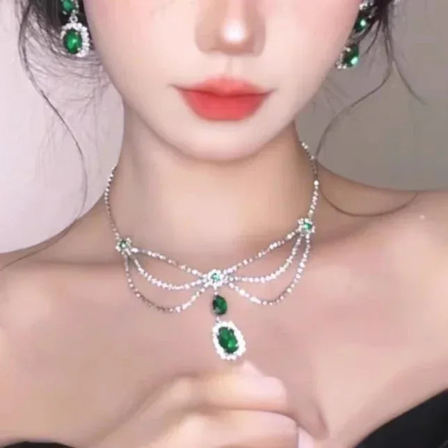 Retro Rhinestone Drop Tassel Necklace Suit - Viexta