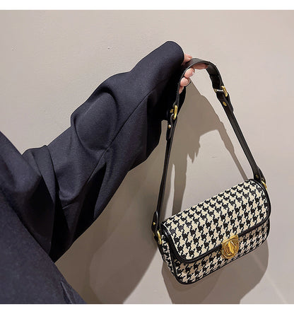 Houndstooth One Shoulder Baguette Bag