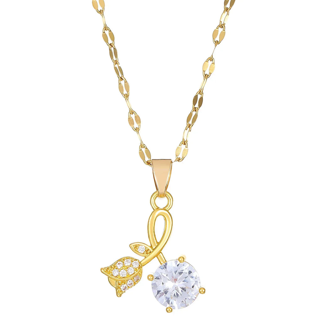 Rhinestone Love Rose Chain Necklace - Viexta
