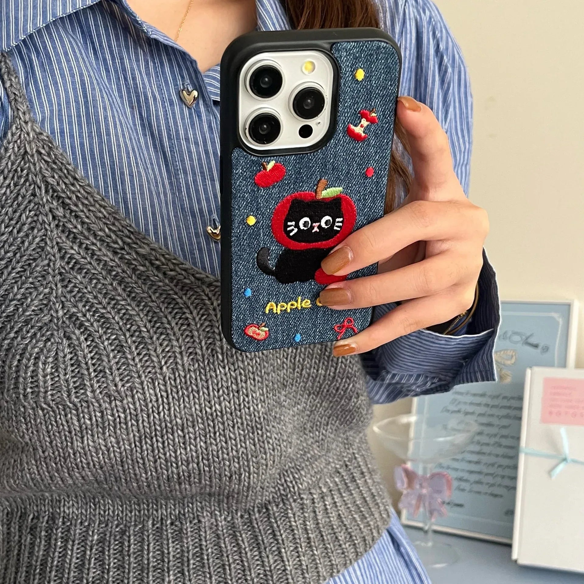 Denim Embroidered Cat Cartoon iPhone Case - Viexta