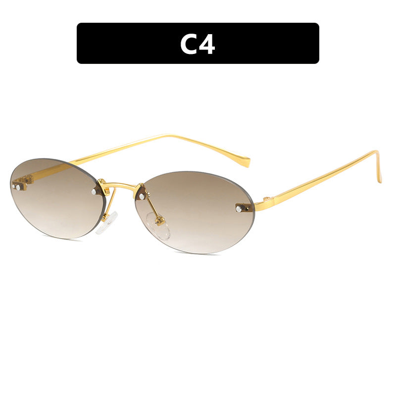 Elliptical frameless sunglasses with rivets, new fashion sunglasses, trendy street photography sunglasses for women