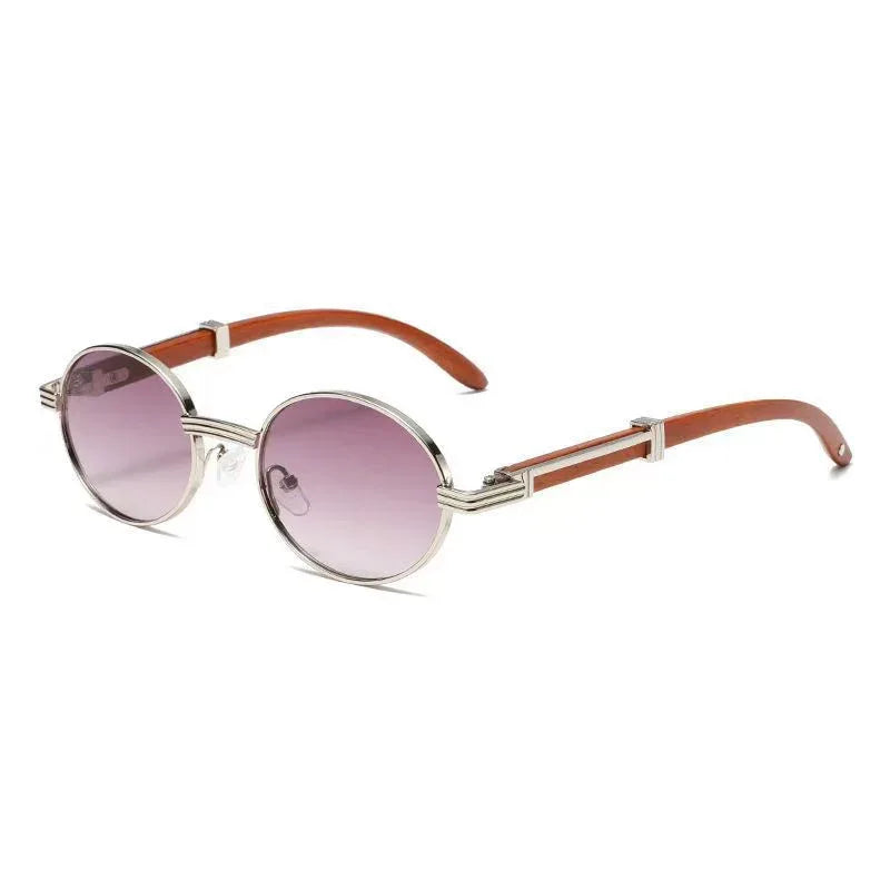 Metal Oval-frame Sunglasses With A Wood-grain Finish - Viexta