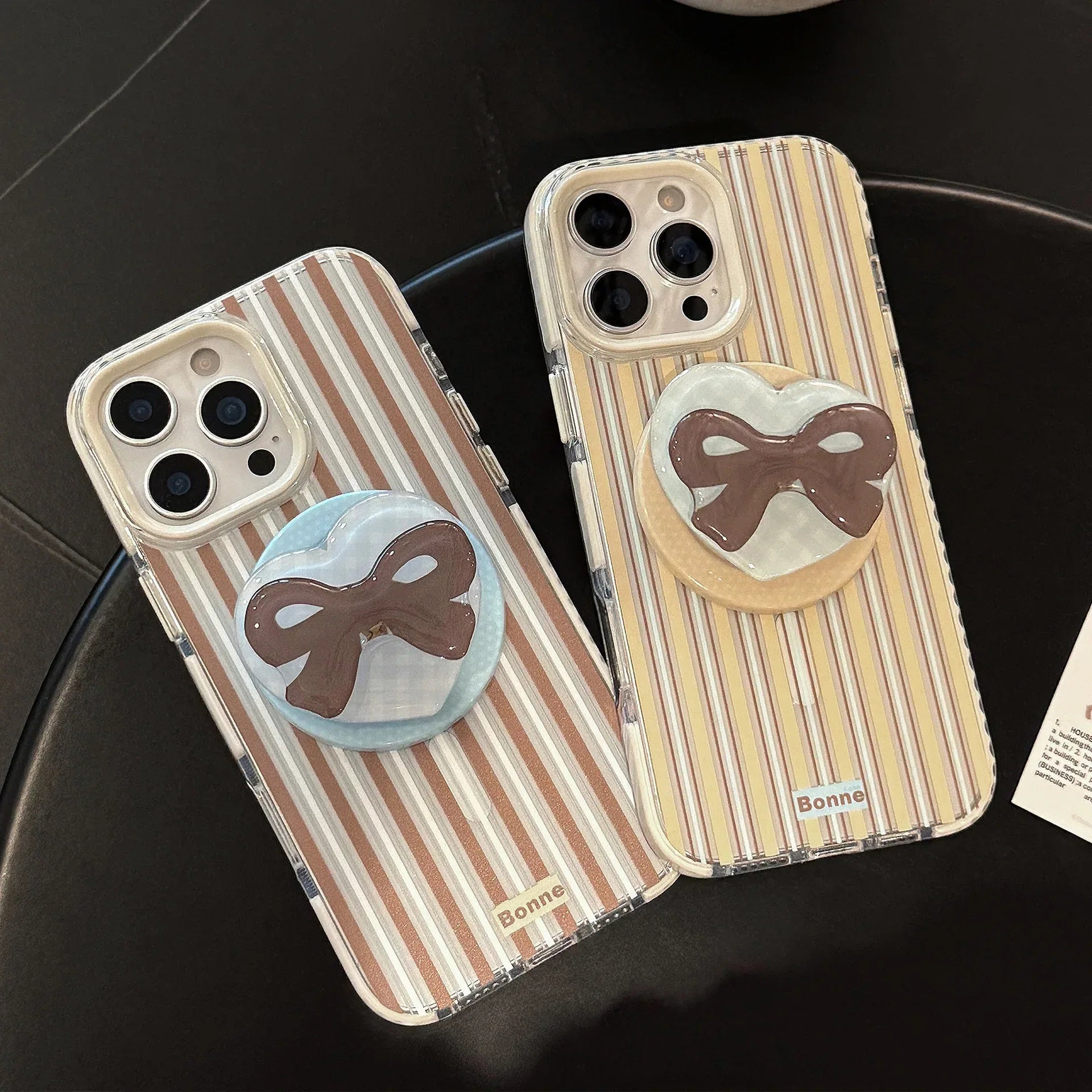 Striped Magnetic Transparent iPhone Case With Rotating Bowknot Stand - Viexta