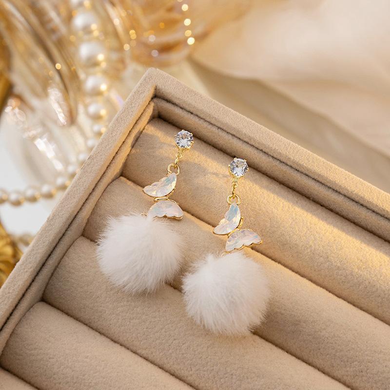 Long Butterfly Fur Ball Tassel Earrings - Viexta