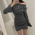 Slanted Shoulder Pleated Dress - Viexta
