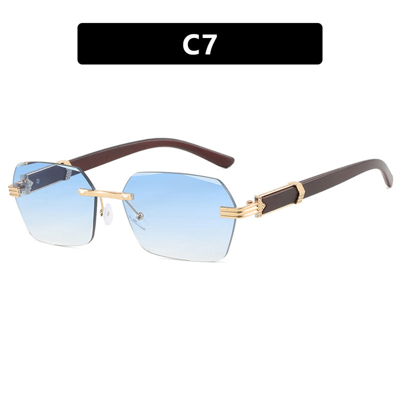 Frameless cut edge sunglasses, small frame wood grain leg sunglasses, irregular square trendy sunglasses, concave design