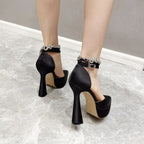 Chunky Heel Waterproof Pointed Toe Buckle Rhinestone Heels - Viexta