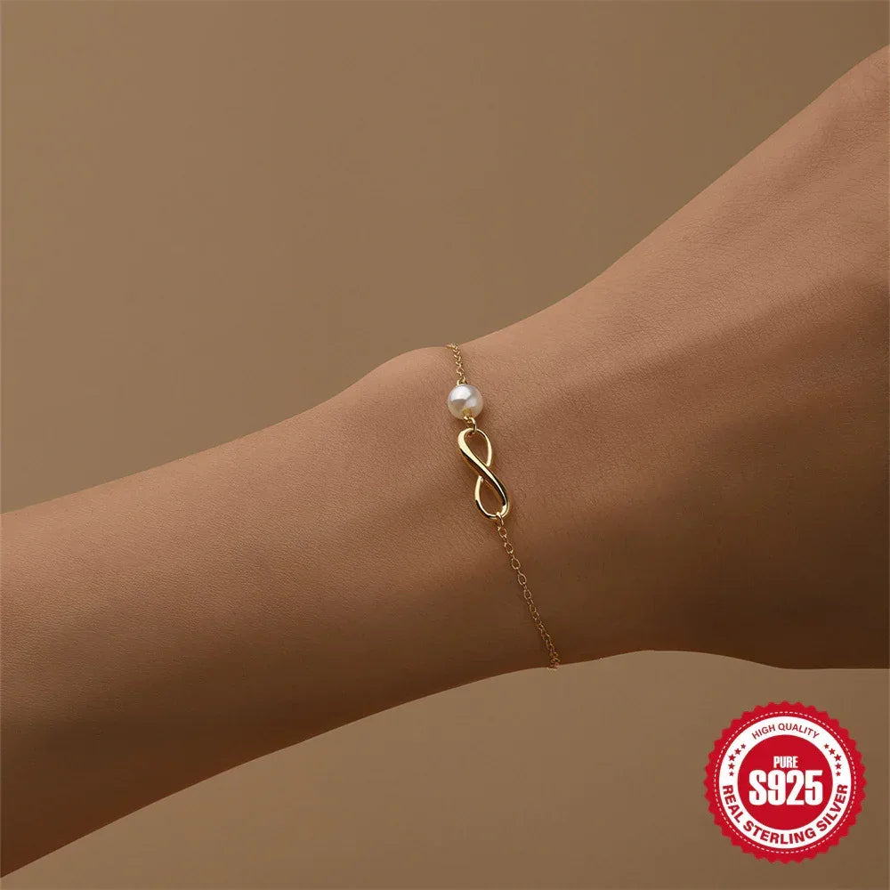 Women's Sterling Silver Glossy Eight-character Chain Pearl Bracelet - Viexta