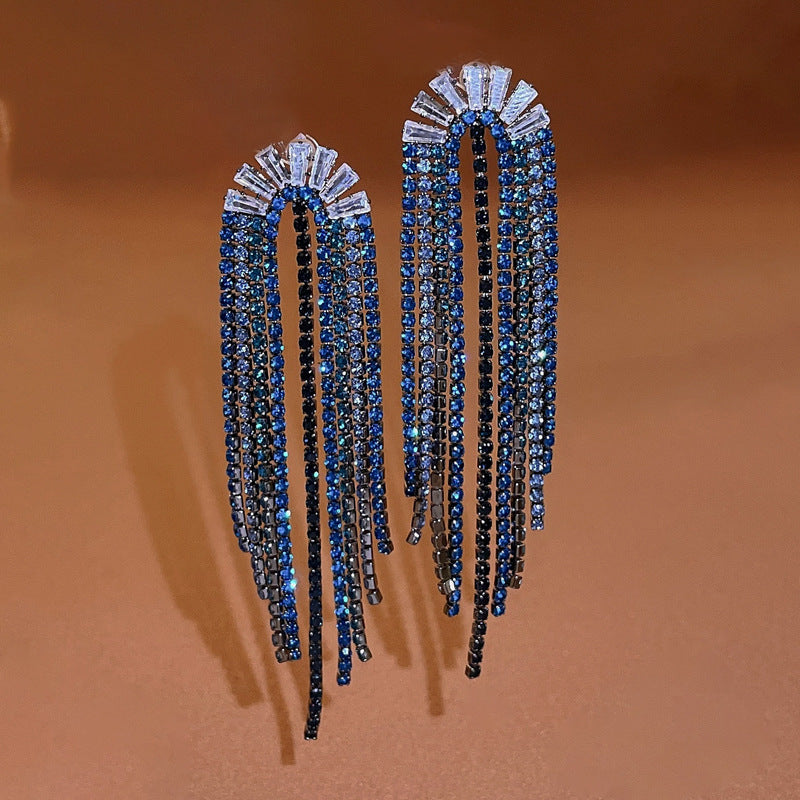 925 Silver U-shaped Zircon Rhinestone Tassel Earrings