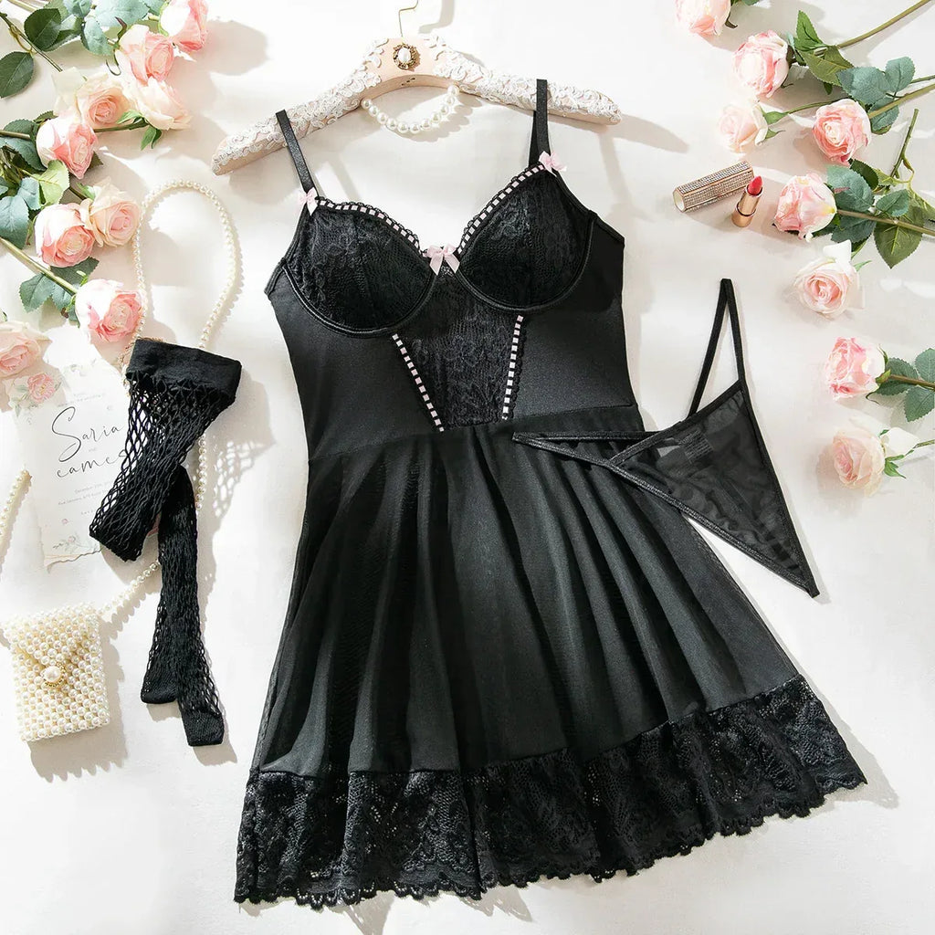 sexy-lingerie-nightdress-lace-stitching-lace-body-shaping-sexy-lingerie-three-piece-set - Viexta