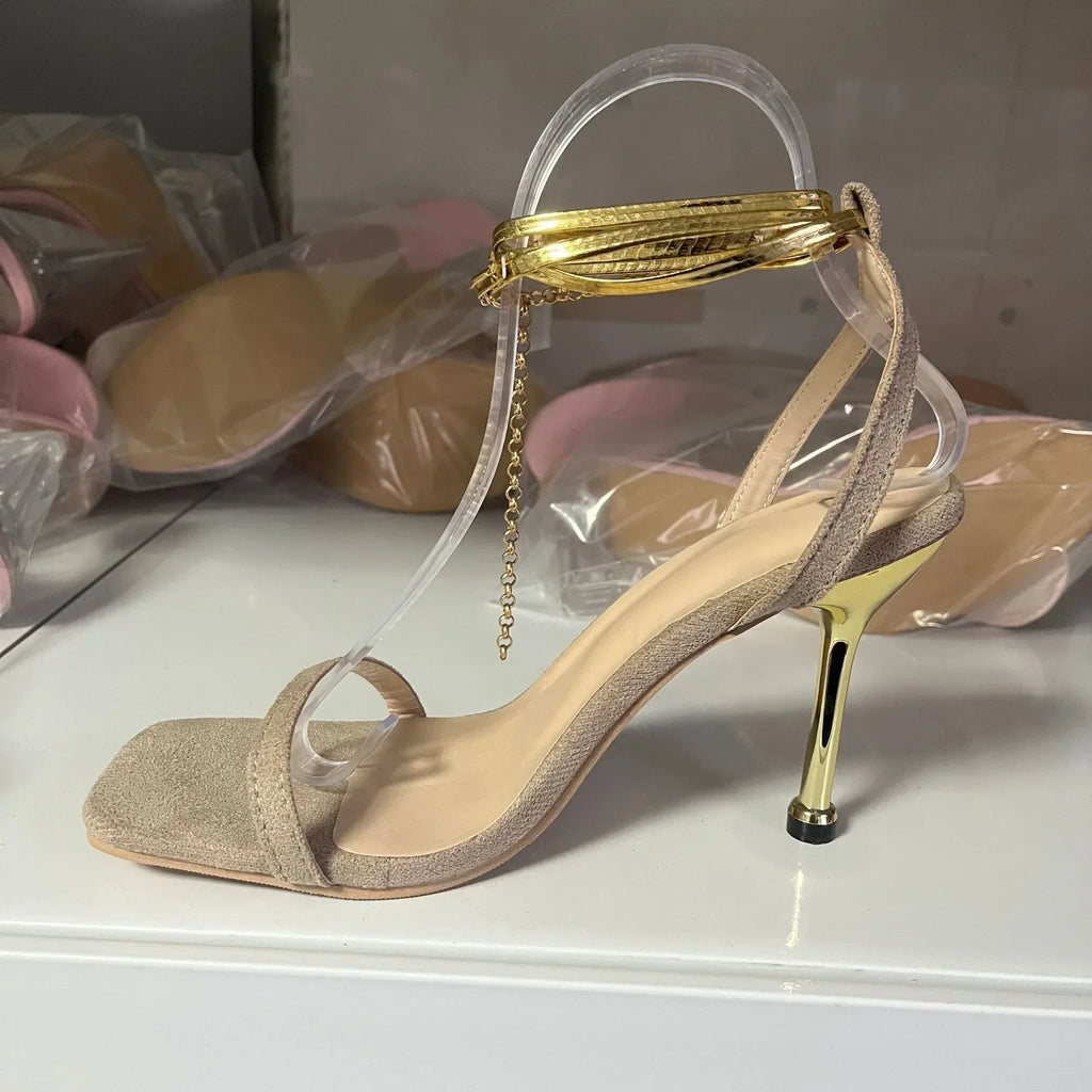 Solid Color Ankle Ring Lace-up High Heels - Viexta
