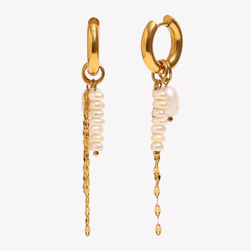 Stainless Steel Plated 18K Dold Pearl Chain Tassel Earrings
