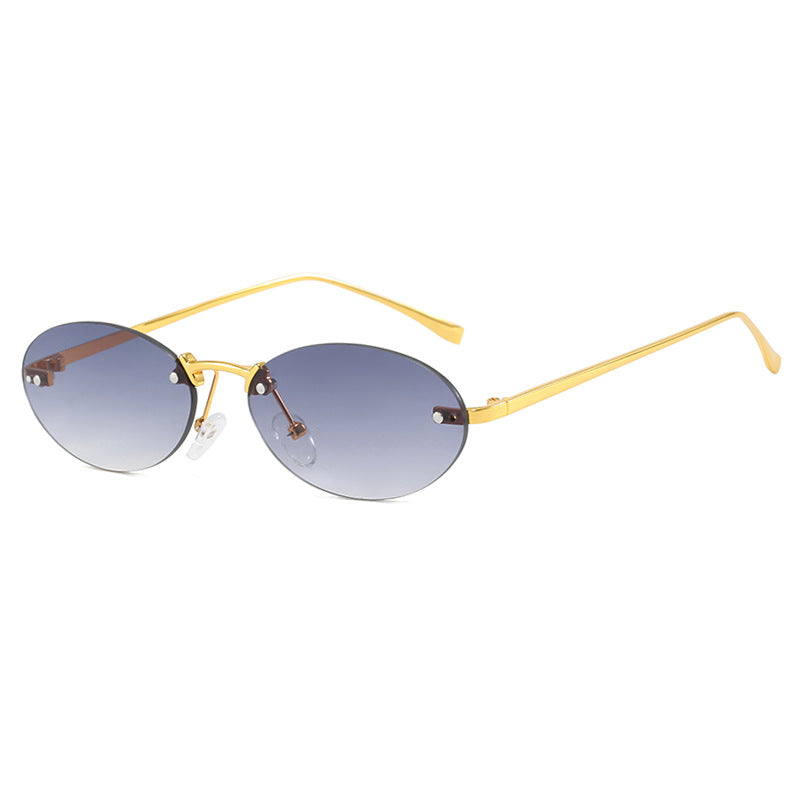 Elliptical frameless sunglasses with rivets, new fashion sunglasses, trendy street photography sunglasses for women