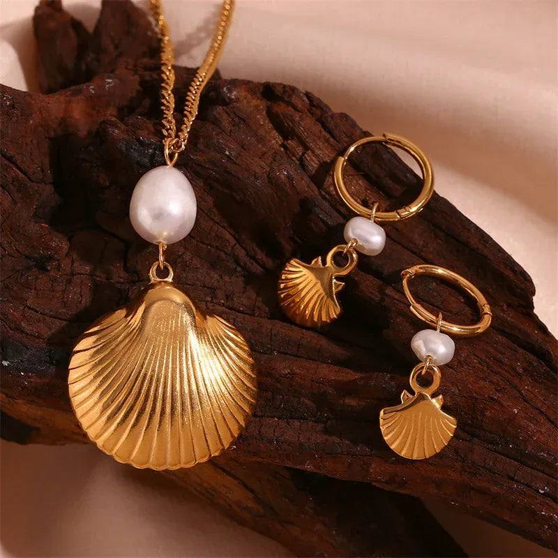 Pearl Shell Earrings And Necklace Set - Viexta