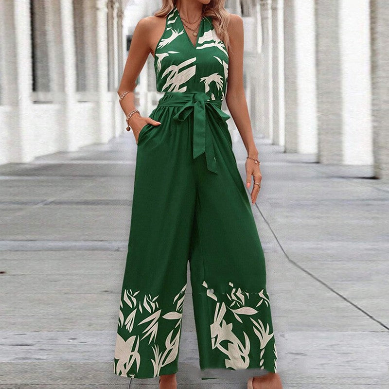 Printing Series Belt Halter Backless Jumpsuit