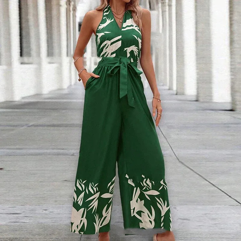 Printing Series Belt Halter Backless Jumpsuit - Viexta