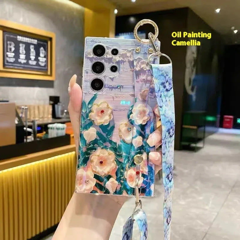 Blue Light Rhinestone Oil Painting Flower Wristband iPhone Case - Viexta