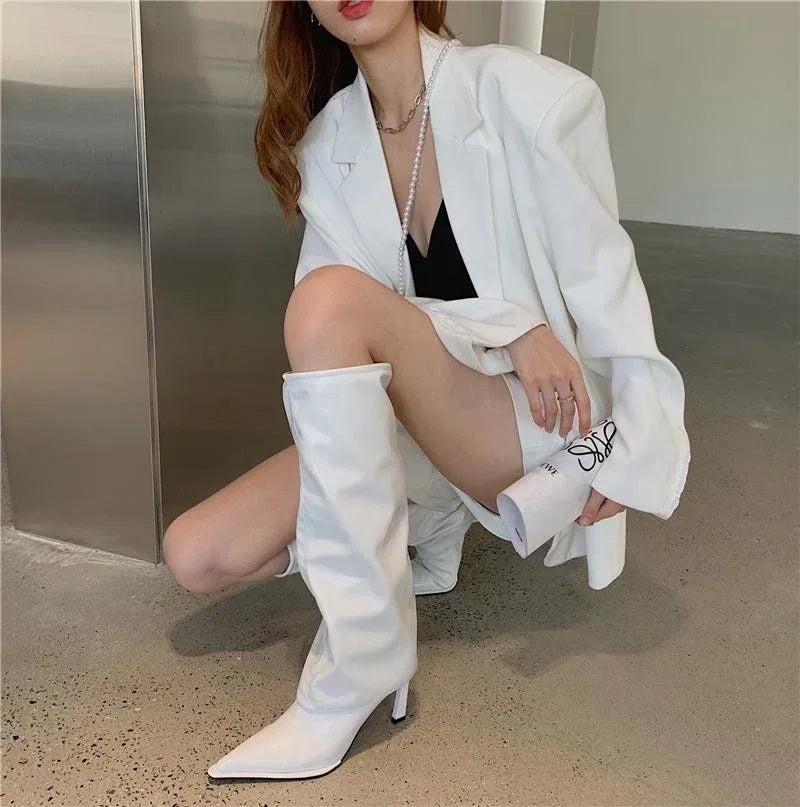 Patent Leather Pointed Toe Pantyhose Boots - Viexta