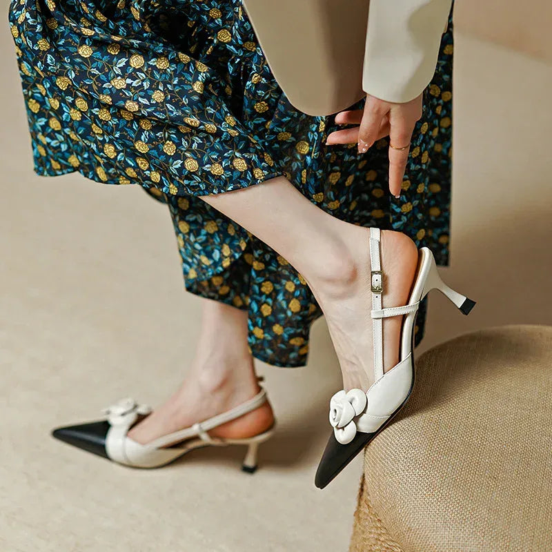 Women's Flower Pointed Toe Mid Heel Sandals - Viexta