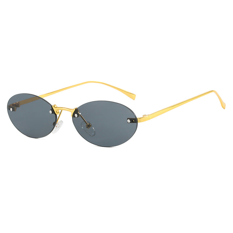 Elliptical frameless sunglasses with rivets, new fashion sunglasses, trendy street photography sunglasses for women