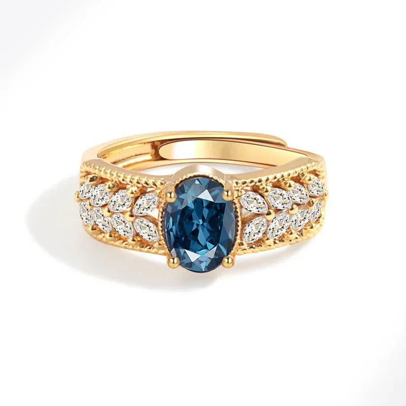Hollow Pattern Colored Gems Blue Corundum Ring - Viexta