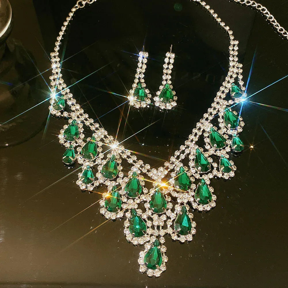 Retro Rhinestone Drop Tassel Necklace Suit - Viexta